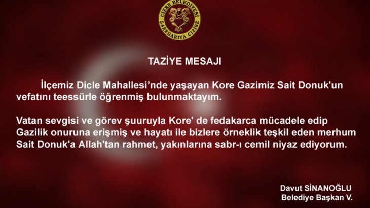 Belediyemizden Taziye Mesajı