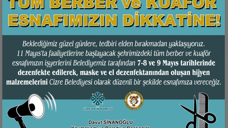 Belediyemiz Kuaför ve Berberlerin İş Yerlerini Dezenfekte Edecek.